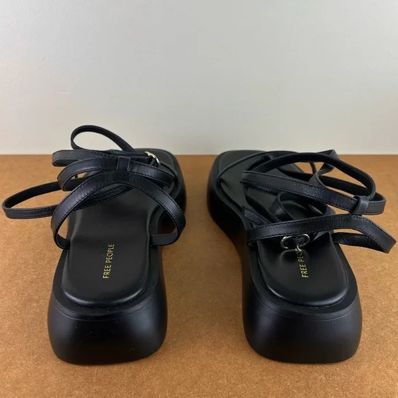NEW FREE PEOPLE BLACK LEATHER STRAPPY PLATFORM SANDALS - Picture 5 of 13